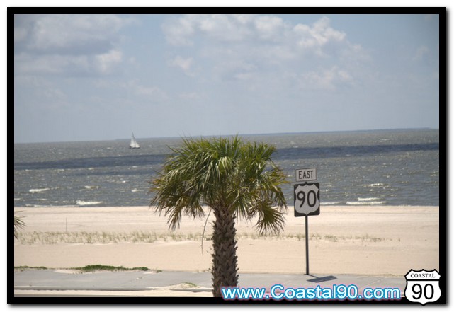 Sailboat from beach in Pass Christian on Highway 90. Sign, palm and Sailboat in one photo.